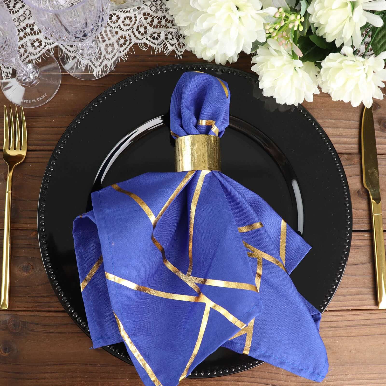5 Pack Polyester 20"x20" Napkins Royal Blue with Gold Geometric Foil Pattern - Modern Reusable Dinner Napkins - Bell Racket Store