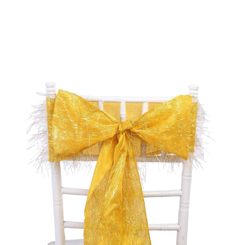5 Pack Polyester Chair Sashes Gold Metallic Tinsel Fringe - Easy to Use Sparkly Chair Bows 6"x108" - Bell Racket Store