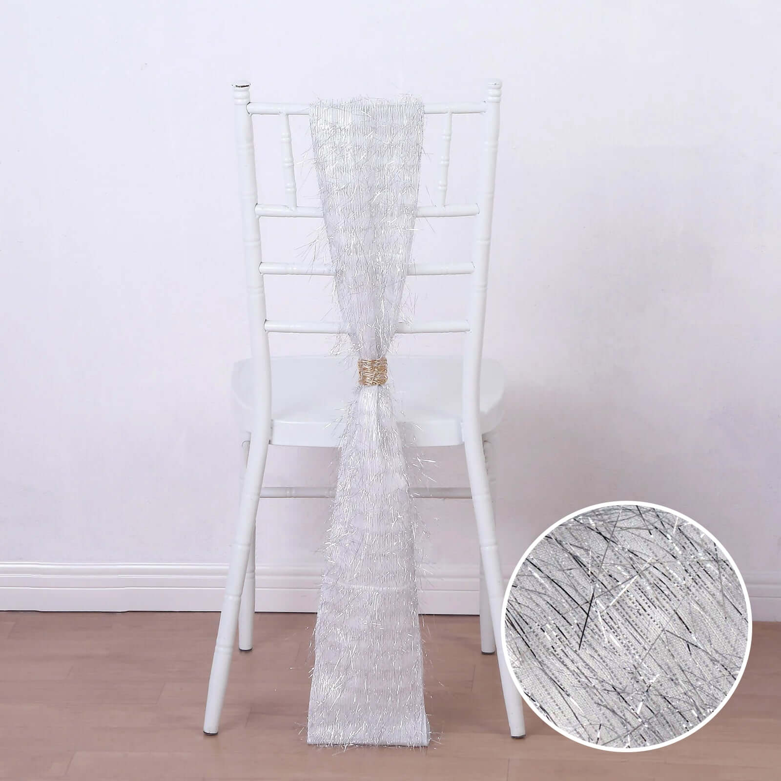 5 Pack Polyester Chair Sashes Silver Metallic Tinsel Fringe - Easy to Use Chair Bows 6"x108" - Bell Racket Store