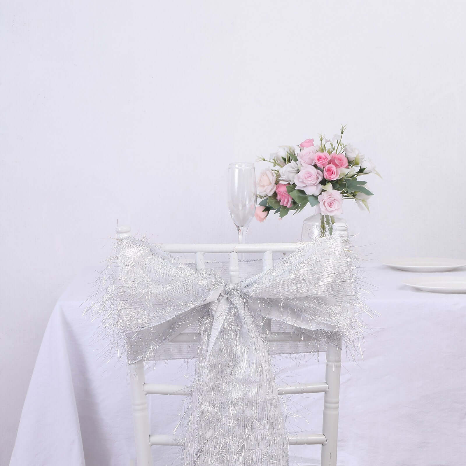 5 Pack Polyester Chair Sashes Silver Metallic Tinsel Fringe - Easy to Use Chair Bows 6"x108" - Bell Racket Store