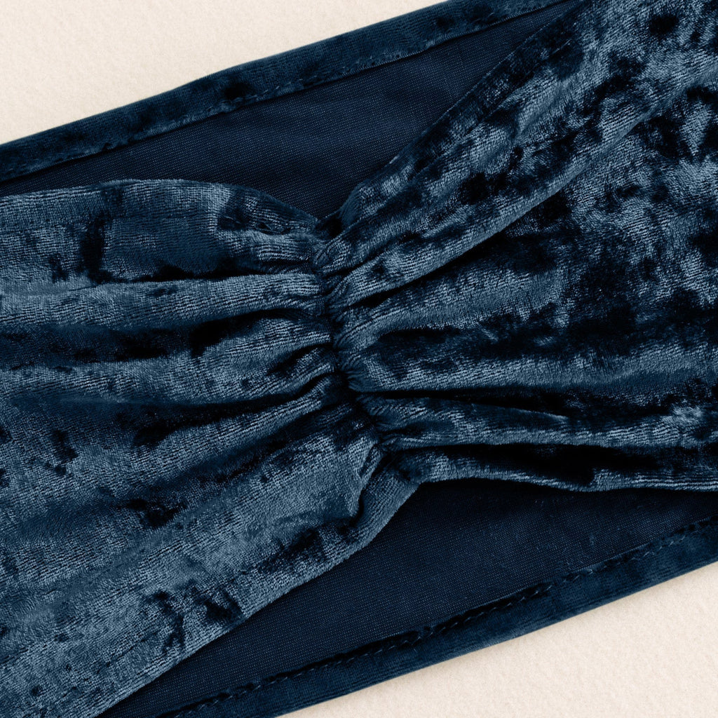 5 Pack Premium Crushed Velvet Chair Sashes Navy Blue Ruffle Style - Textured Chair Bands for Stunning Event Decor - Bell Racket Store