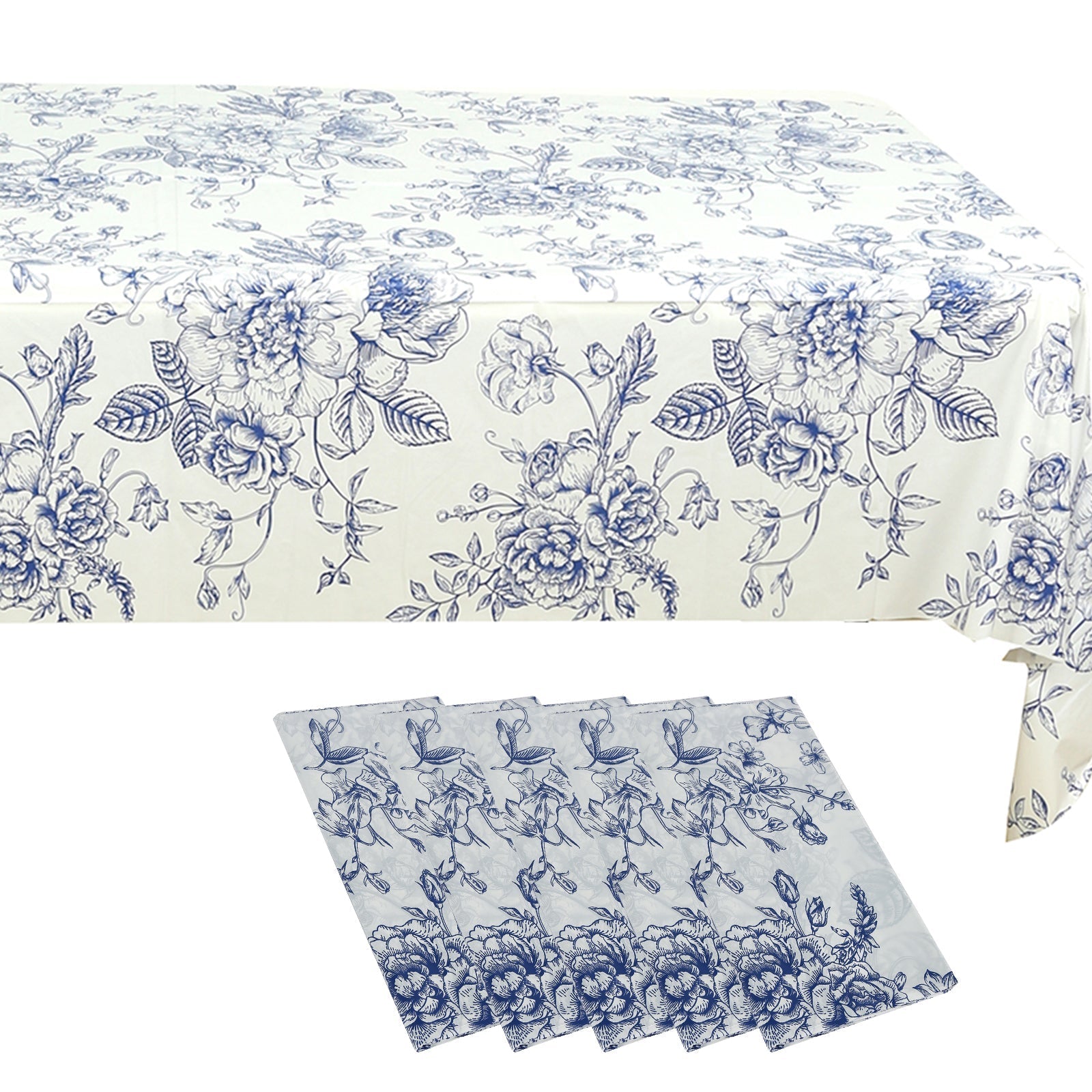 5 - Pack Rectangular Plastic Tablecloths â€“ White with Blue French Toile Pattern, PVC Waterproof Disposable Table Covers 54"x108" - Bell Racket Store