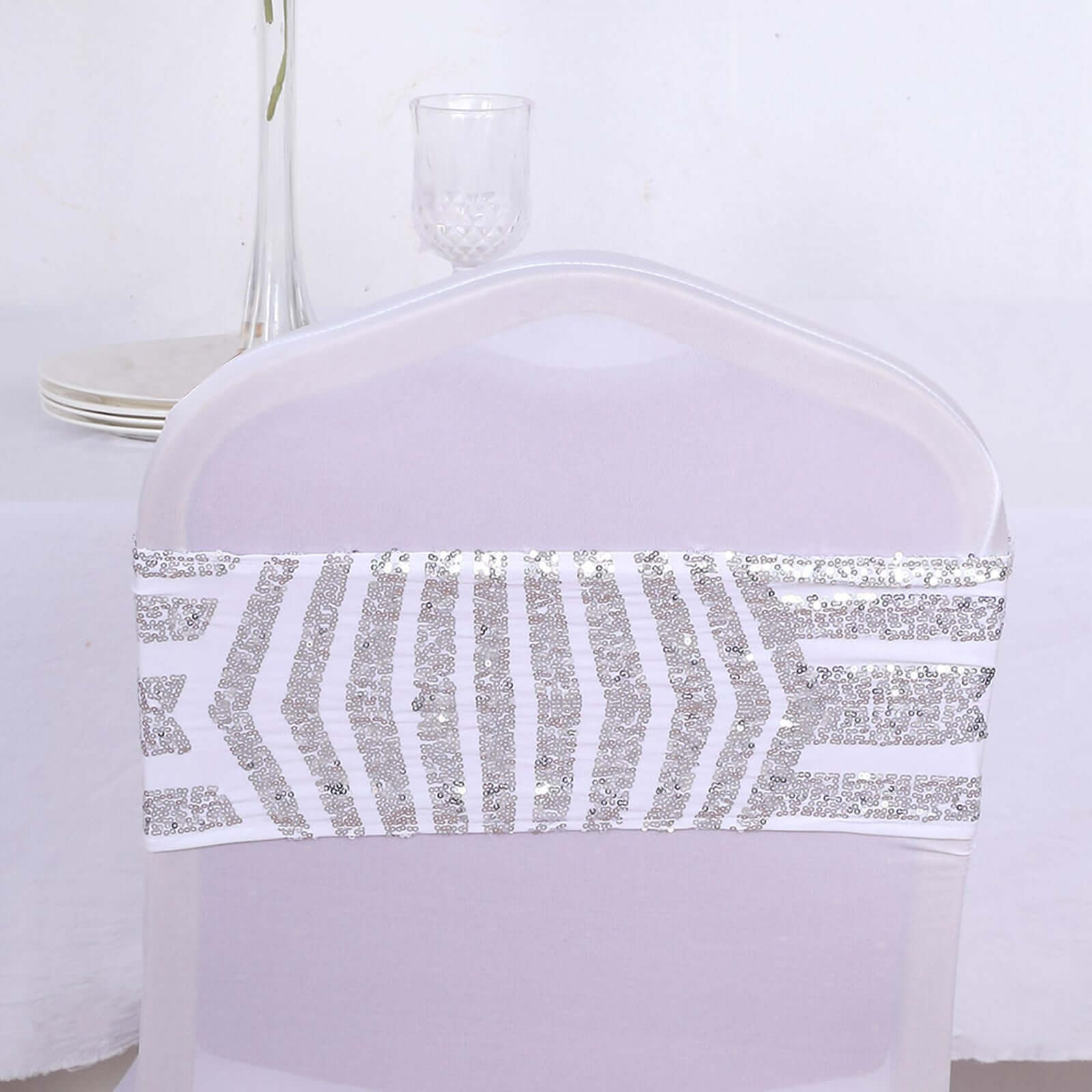5 Pack Sequin Spandex Chair Sash White with Silver Geometric Diamond Glitz Pattern - Durable & Easy To Use Stretchable Chair Bands - Bell Racket Store