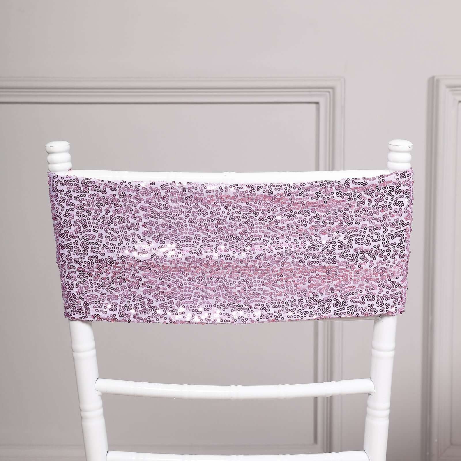 5 Pack Sequin Spandex Chair Sashes Lavender Lilac - Stretch Chair Bands 6"x15" - Bell Racket Store