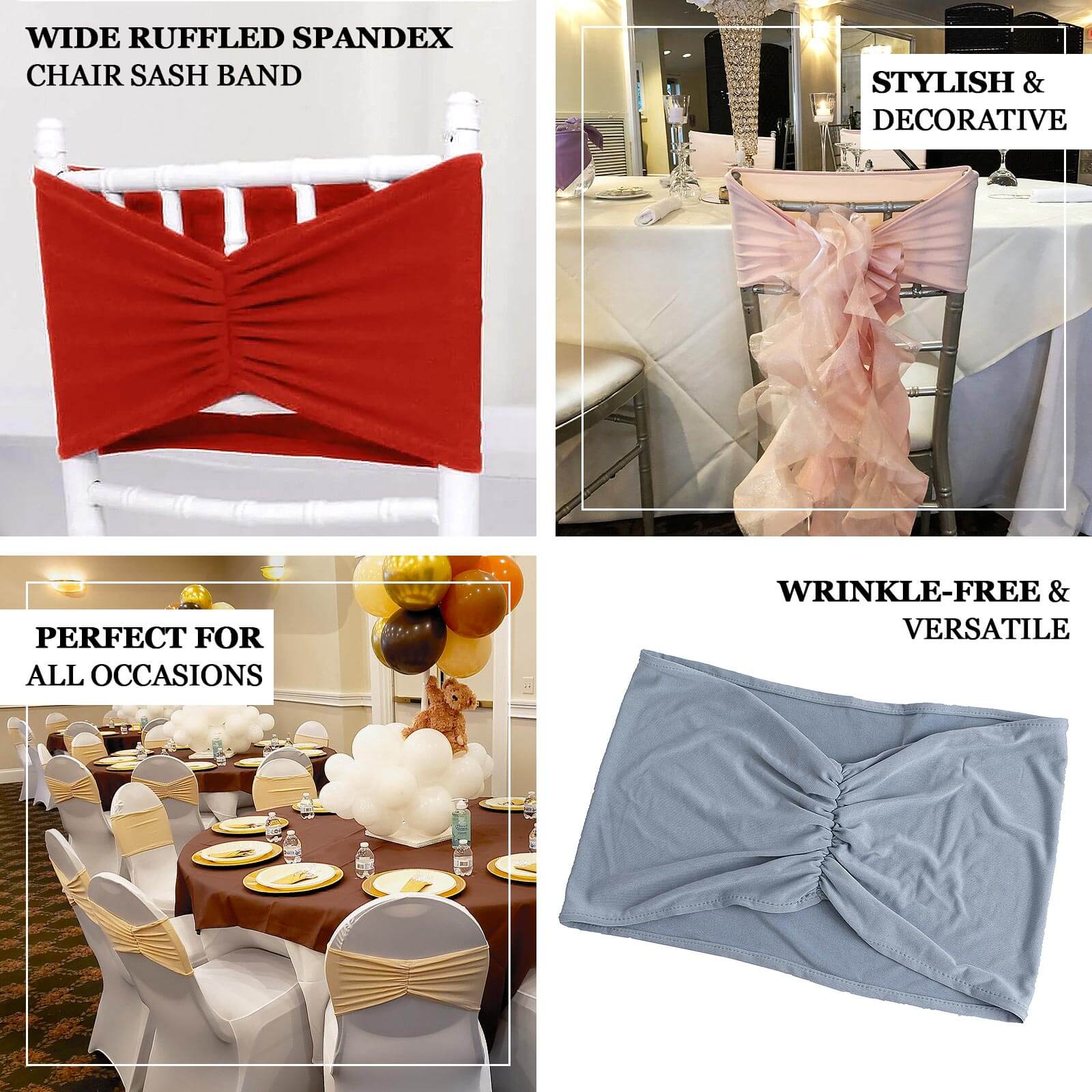 5 Pack Spandex Chair Sashes Black Ruffled Style - Wide Easy to Use Stretch Chair Bands 8"x13" - Bell Racket Store