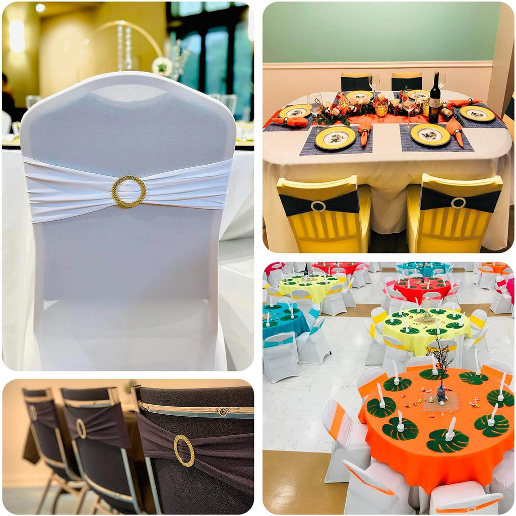 5 Pack Spandex Chair Sashes Burgundy with Gold Rhinestone Buckles - Reusable Four - Way Stretch Sash Bands 5"x14" - Bell Racket Store