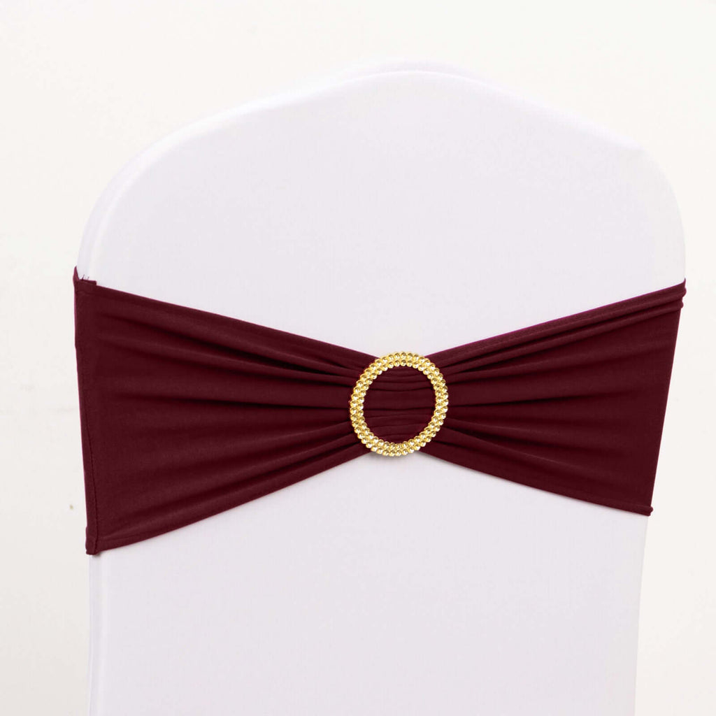 5 Pack Spandex Chair Sashes Burgundy with Gold Rhinestone Buckles - Reusable Four - Way Stretch Sash Bands 5"x14" - Bell Racket Store