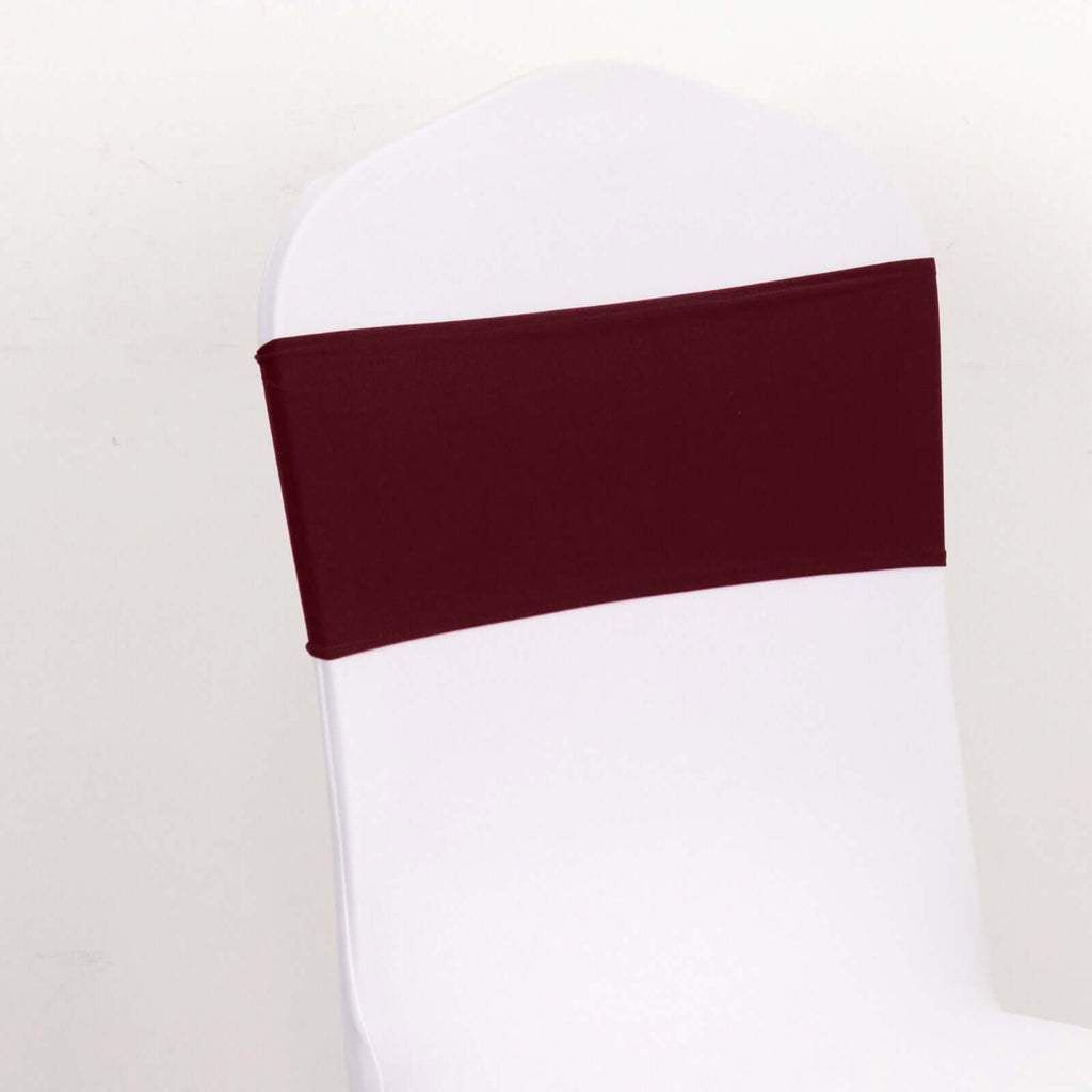 5 Pack Spandex Chair Sashes Burgundy with Gold Rhinestone Buckles - Reusable Four - Way Stretch Sash Bands 5"x14" - Bell Racket Store