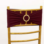 5 Pack Spandex Chair Sashes Burgundy with Gold Rhinestone Buckles - Reusable Four - Way Stretch Sash Bands 5"x14" - Bell Racket Store