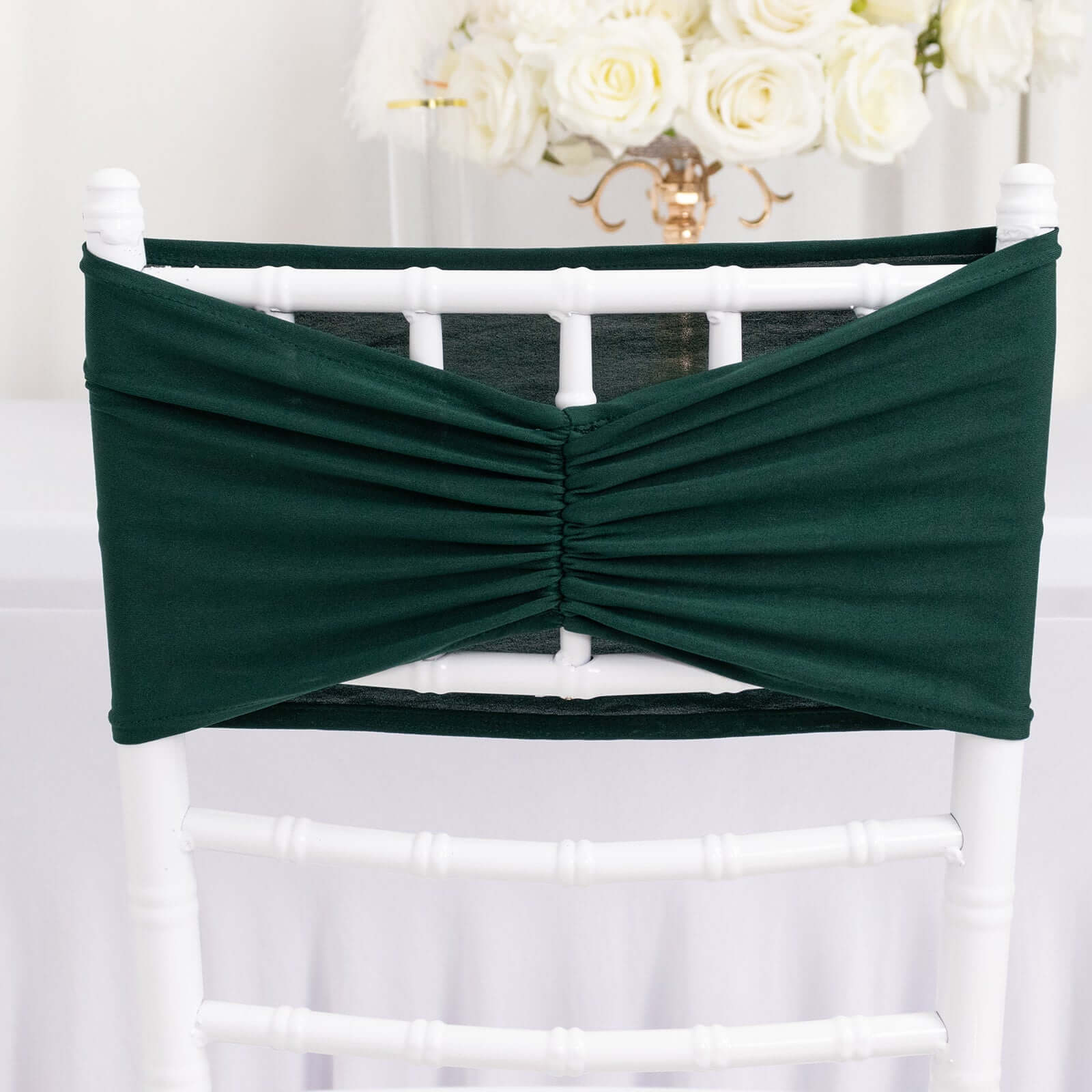 5 Pack Spandex Chair Sashes Hunter Emerald Green Ruffled Style - Wide Easy to Use Stretch Chair Bands 8"x13" - Bell Racket Store