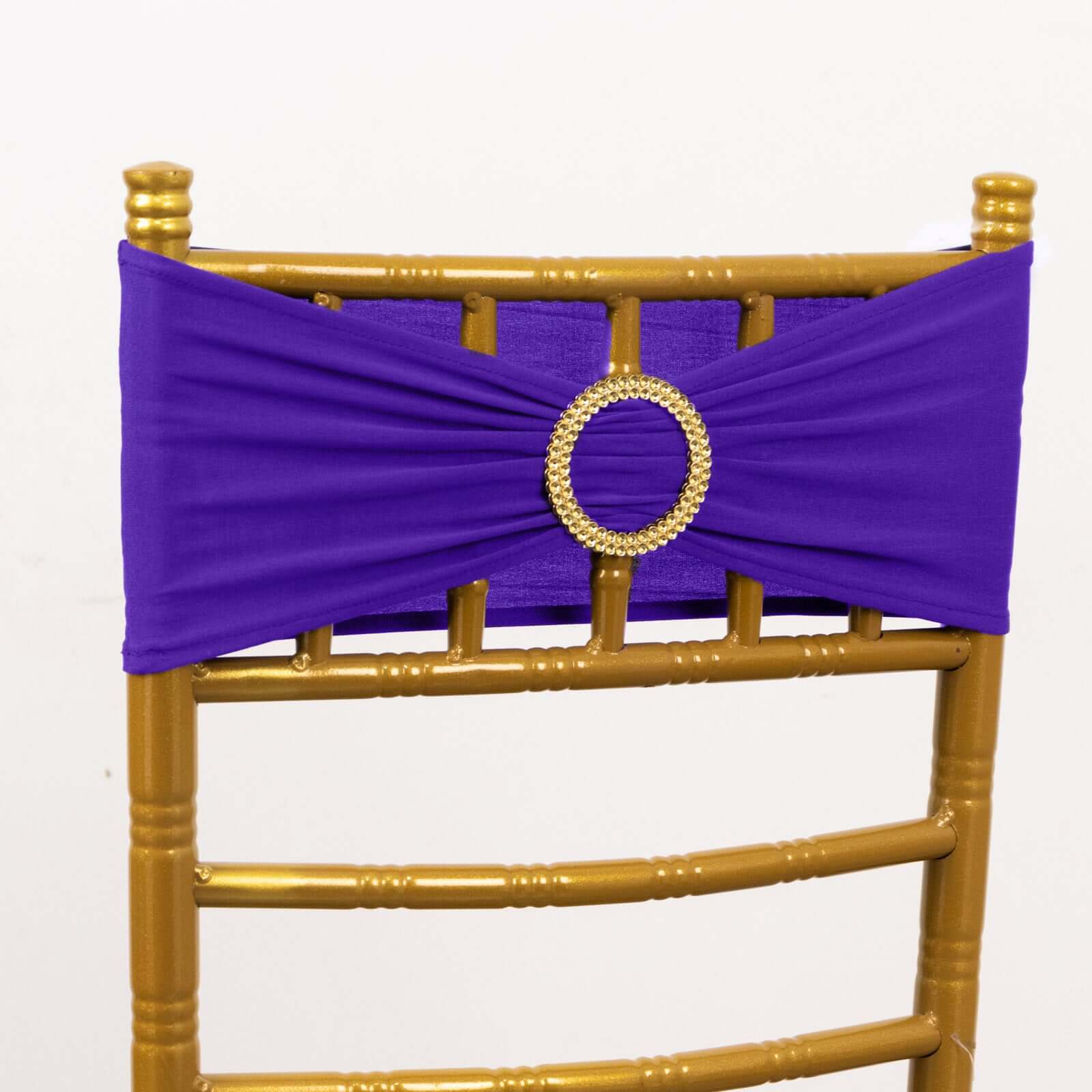 5 Pack Spandex Chair Sashes Purple with Gold Rhinestone Buckles - Reusable Four - Way Stretch Sash Bands 5"x14" - Bell Racket Store