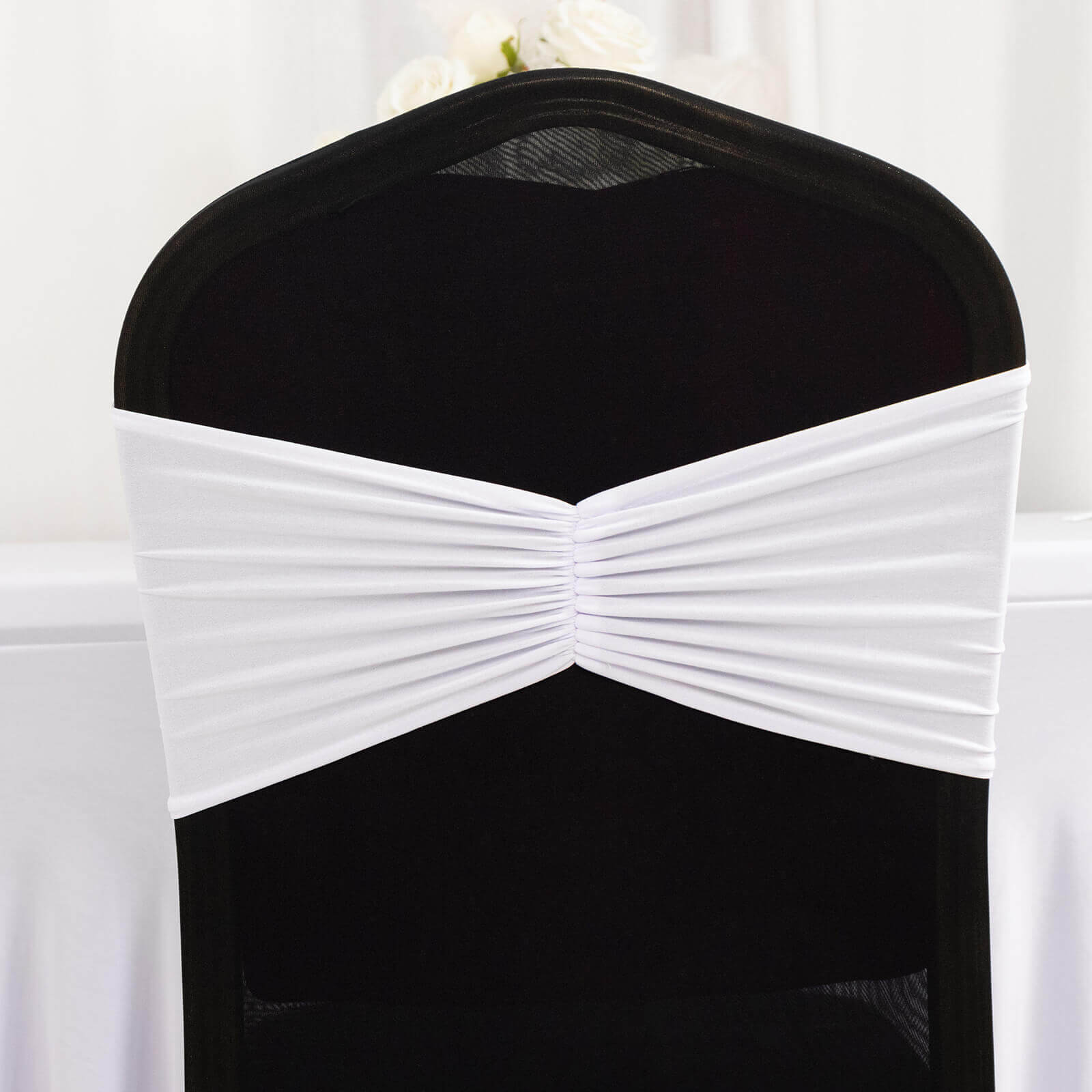 5 Pack Spandex Chair Sashes White Ruffled Style - Wide Easy to Use Stretch Chair Bands for Classy Wedding and Event Decor 8"x13" - Bell Racket Store