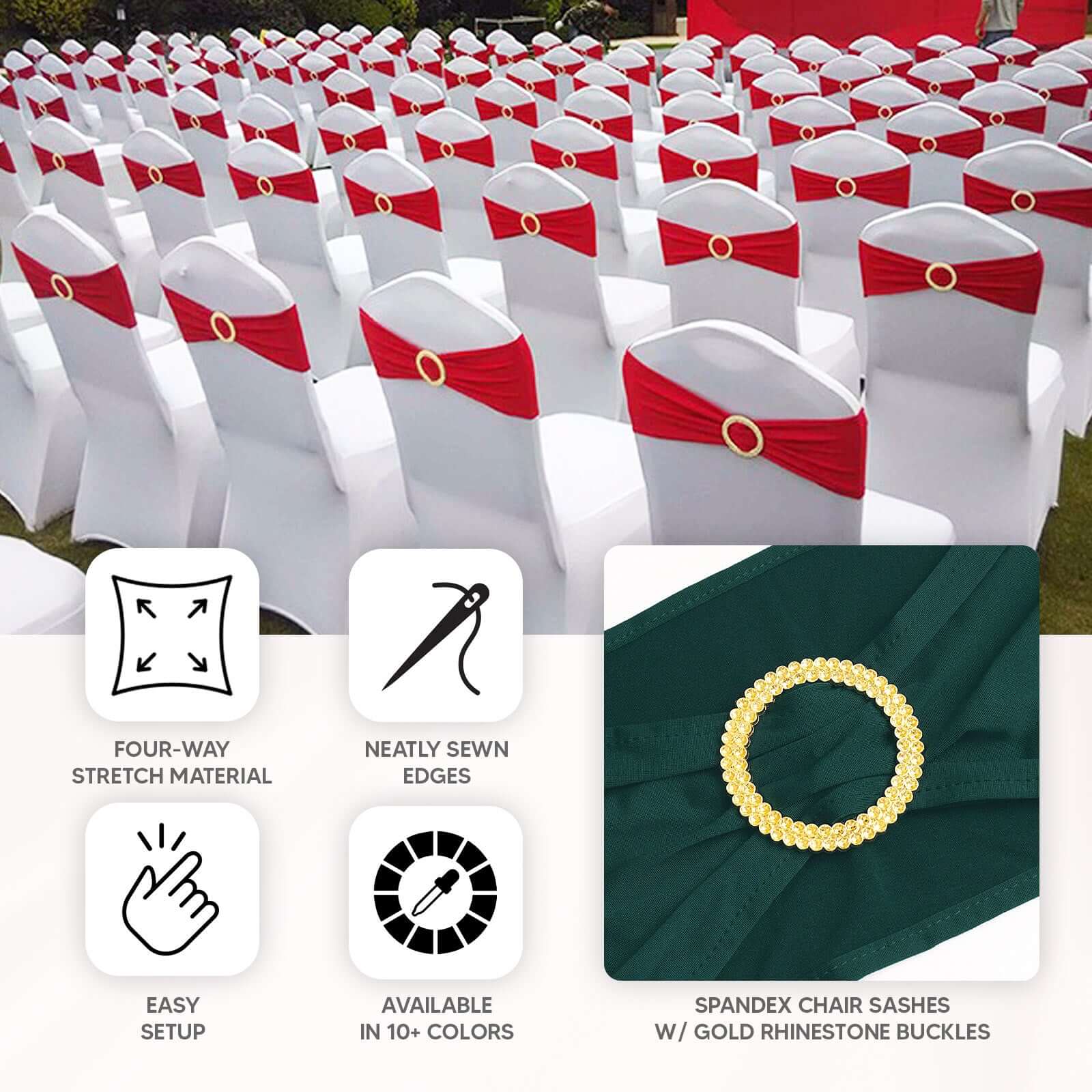 5 Pack Spandex Chair Sashes White with Gold Rhinestone Buckles - Reusable Four - Way Stretch Sash Bands for Classy & Effortless Wedding & Party Decor 5"x14" - Bell Racket Store