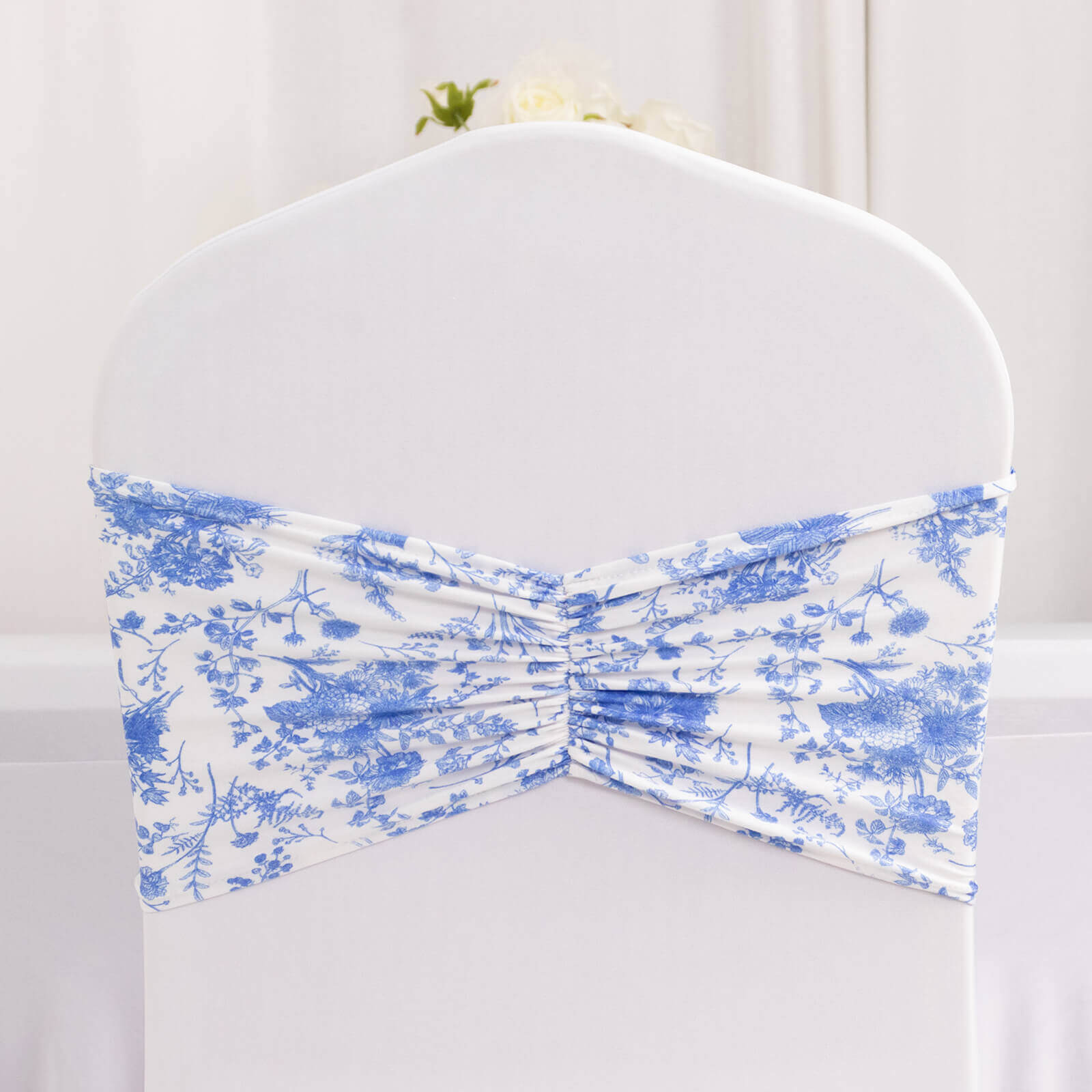 5 Pack Spandex Chair Sashes White/Blue French Toile Floral Pattern - Vintage - Inspired Wide Wrinkle - Free Stretchable Chair Bands 8"x13" - Bell Racket Store