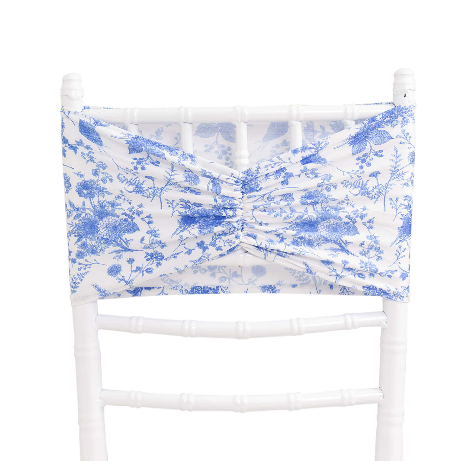 5 Pack Spandex Chair Sashes White/Blue French Toile Floral Pattern - Vintage - Inspired Wide Wrinkle - Free Stretchable Chair Bands 8"x13" - Bell Racket Store