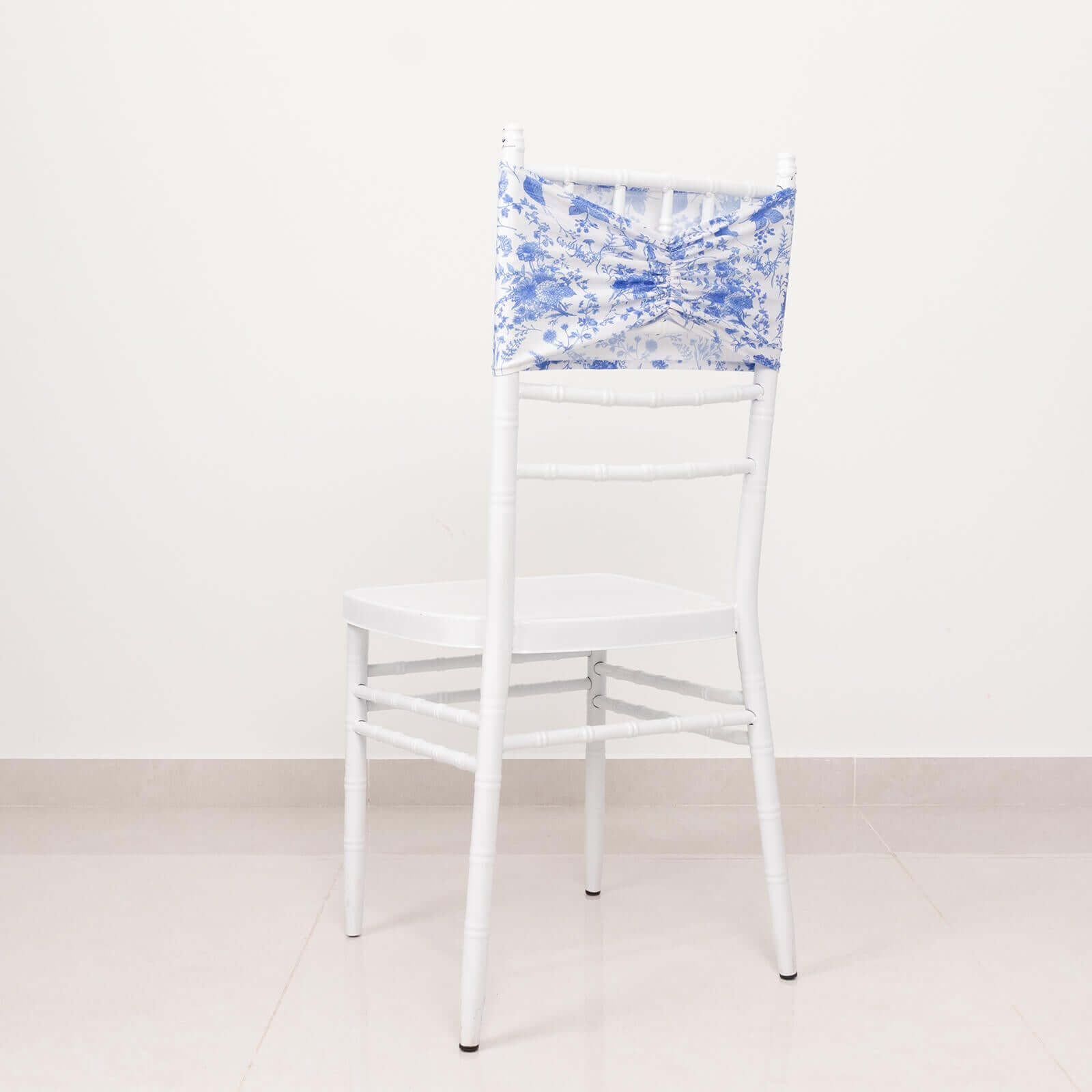 5 Pack Spandex Chair Sashes White/Blue French Toile Floral Pattern - Vintage - Inspired Wide Wrinkle - Free Stretchable Chair Bands 8"x13" - Bell Racket Store