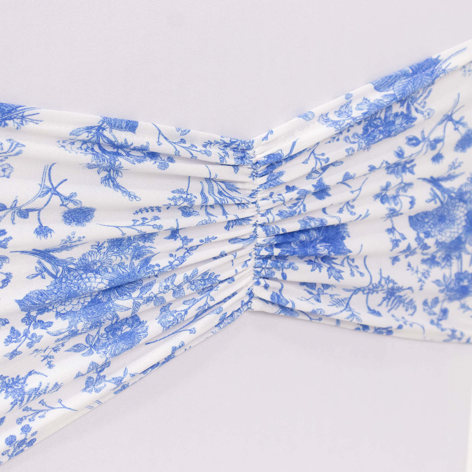 5 Pack Spandex Chair Sashes White/Blue French Toile Floral Pattern - Vintage - Inspired Wide Wrinkle - Free Stretchable Chair Bands 8"x13" - Bell Racket Store