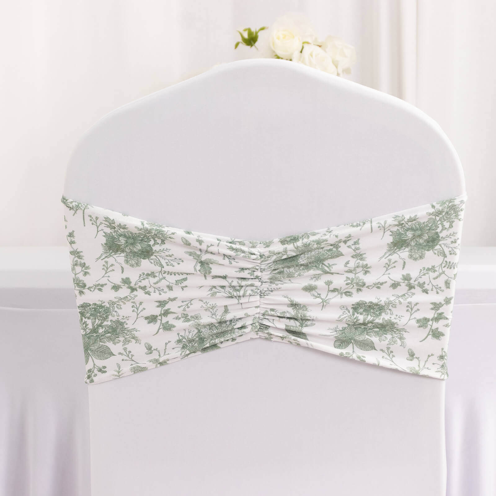 5 Pack Spandex Chair Sashes White/Dusty Sage Green French Toile Floral Pattern - Wide Wrinkle - Free Stretchable Chair Bands 8"x13" - Bell Racket Store