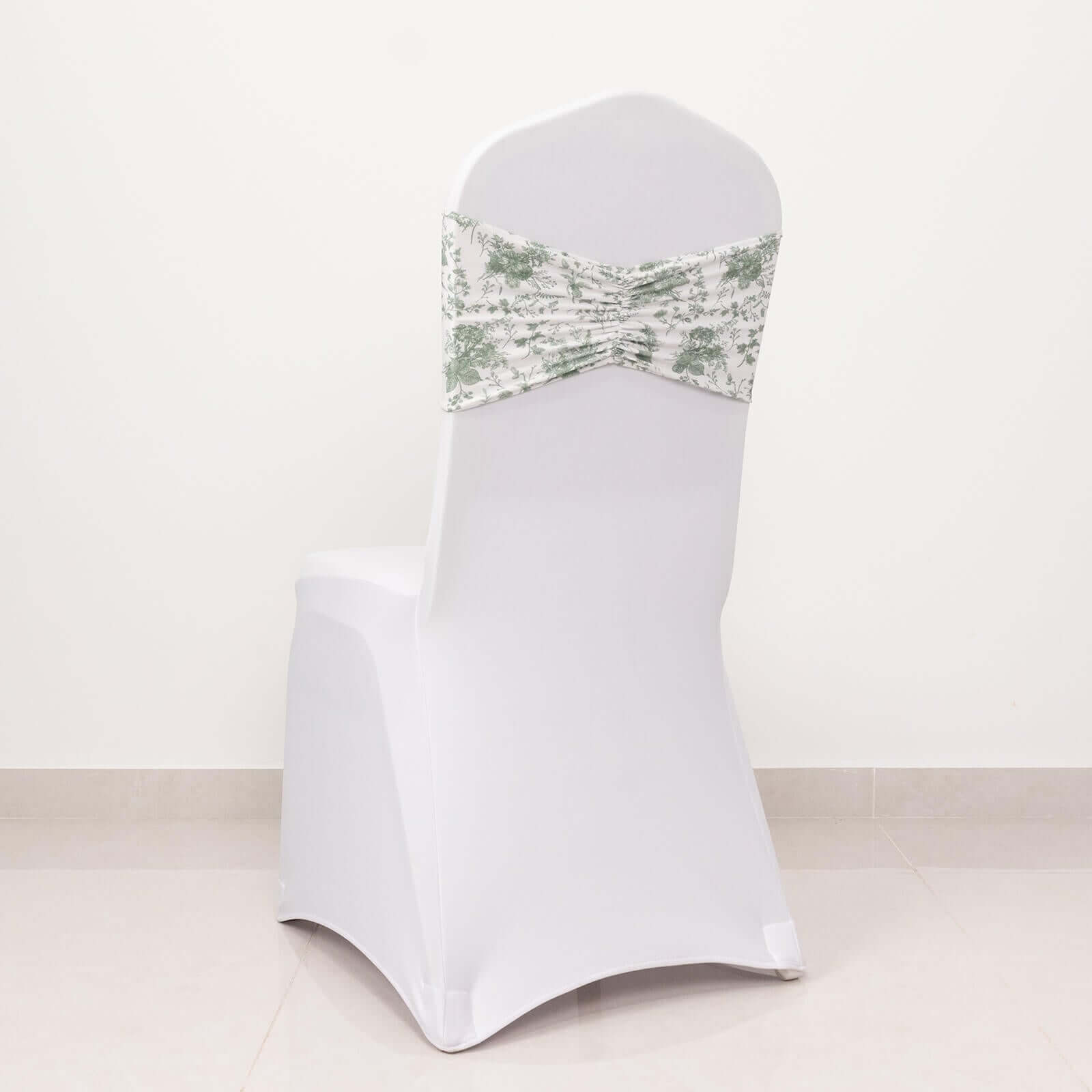 5 Pack Spandex Chair Sashes White/Dusty Sage Green French Toile Floral Pattern - Wide Wrinkle - Free Stretchable Chair Bands 8"x13" - Bell Racket Store