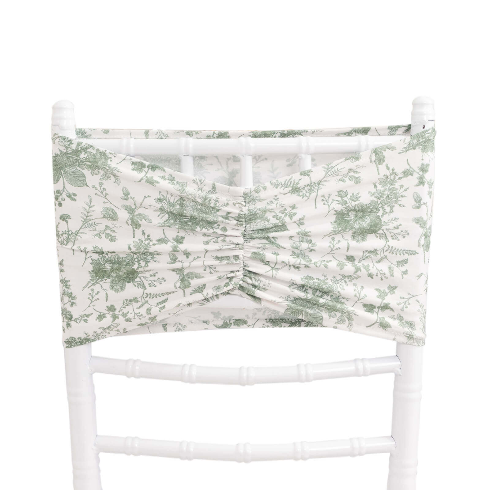 5 Pack Spandex Chair Sashes White/Dusty Sage Green French Toile Floral Pattern - Wide Wrinkle - Free Stretchable Chair Bands 8"x13" - Bell Racket Store