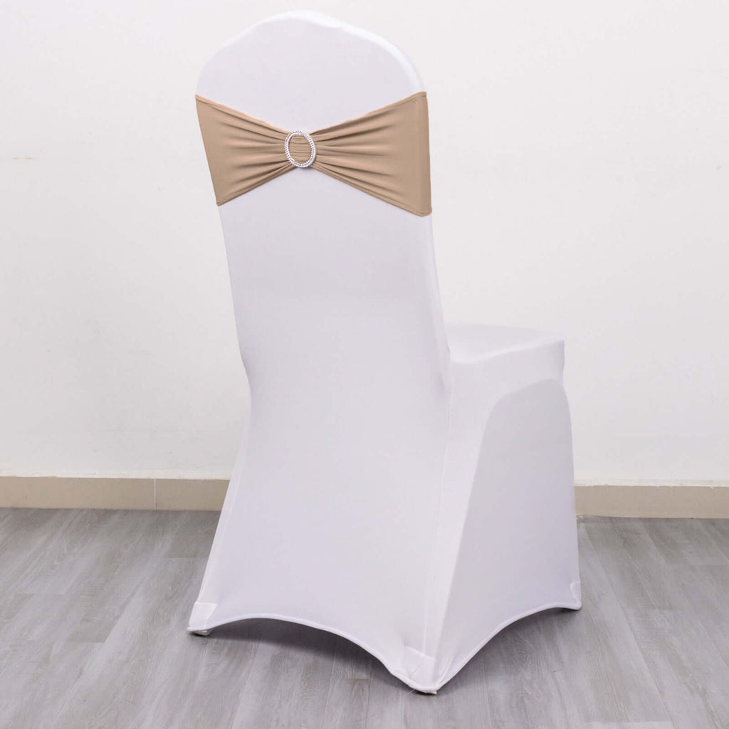 5 Pack Stretch Spandex Chair Sashes Nude - Reusable Chair Bands with Silver Diamond Ring Slide Buckle 5"x14" - Bell Racket Store