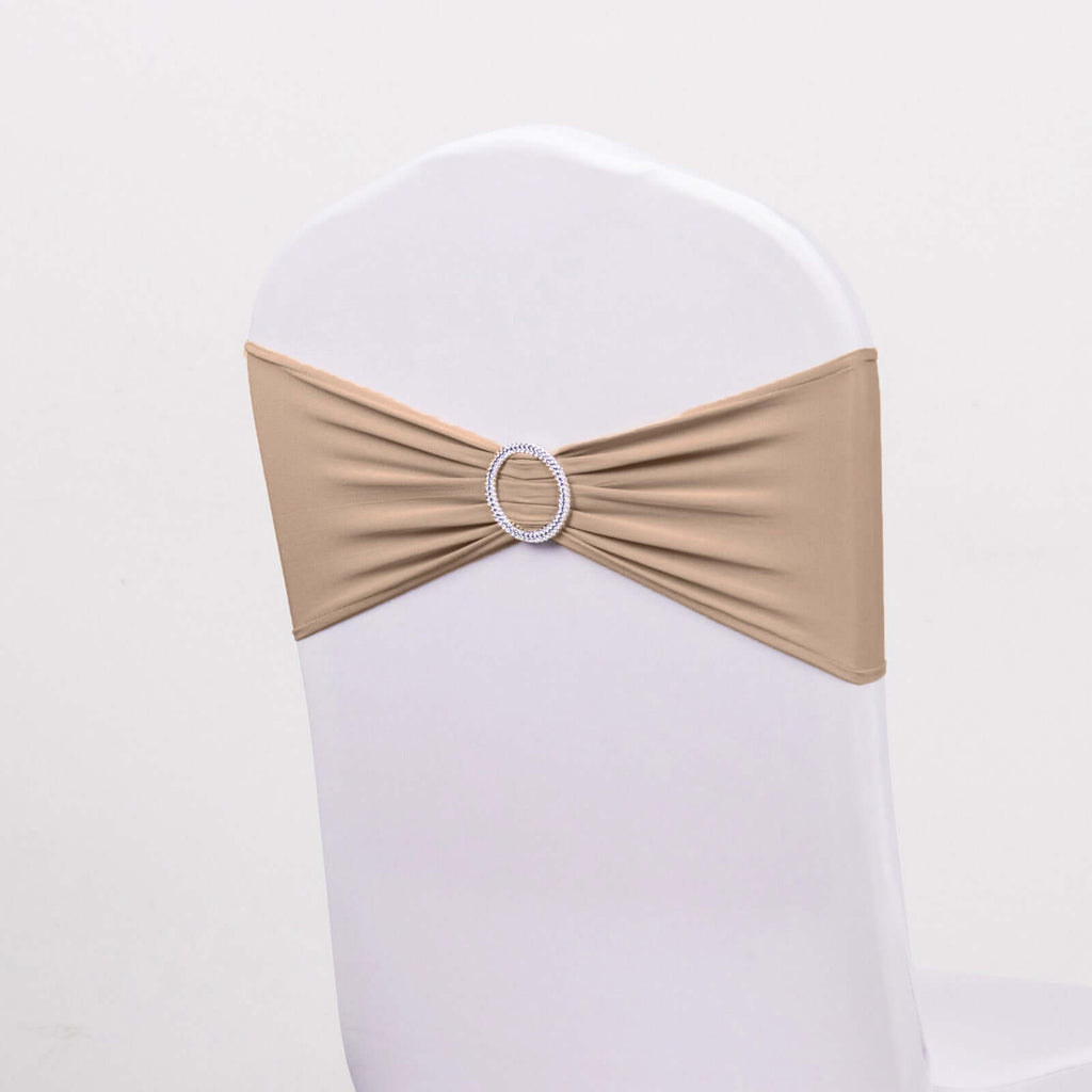 5 Pack Stretch Spandex Chair Sashes Nude - Reusable Chair Bands with Silver Diamond Ring Slide Buckle 5"x14" - Bell Racket Store