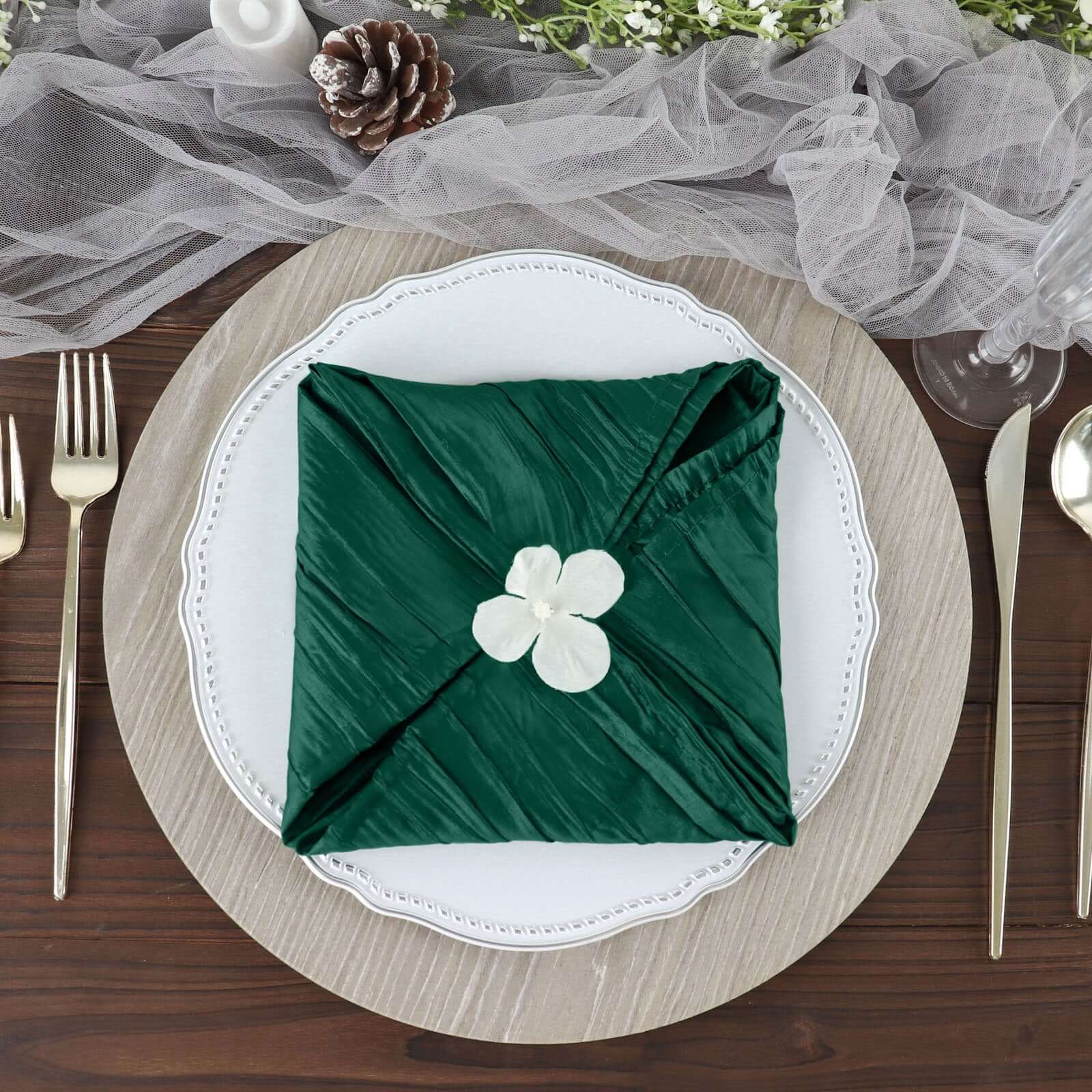 5 Pack Taffeta 20"x20" Napkins Hunter Emerald Green - Accordion Crinkle Dinner Napkins - Bell Racket Store