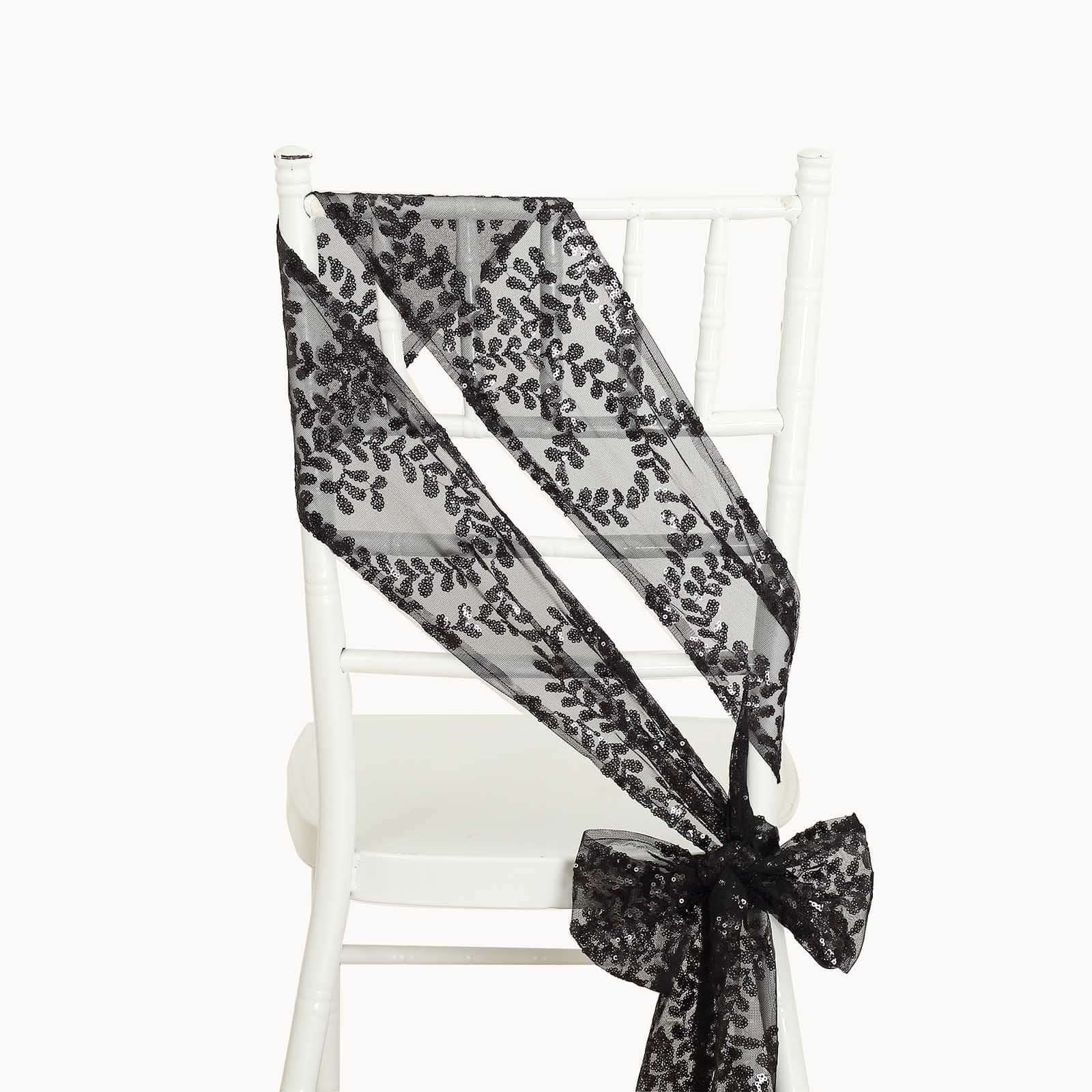 5 Pack Tulle Chair Sashes with Leaf Vine Embroidered Sequins Black 6"x88" - Bell Racket Store