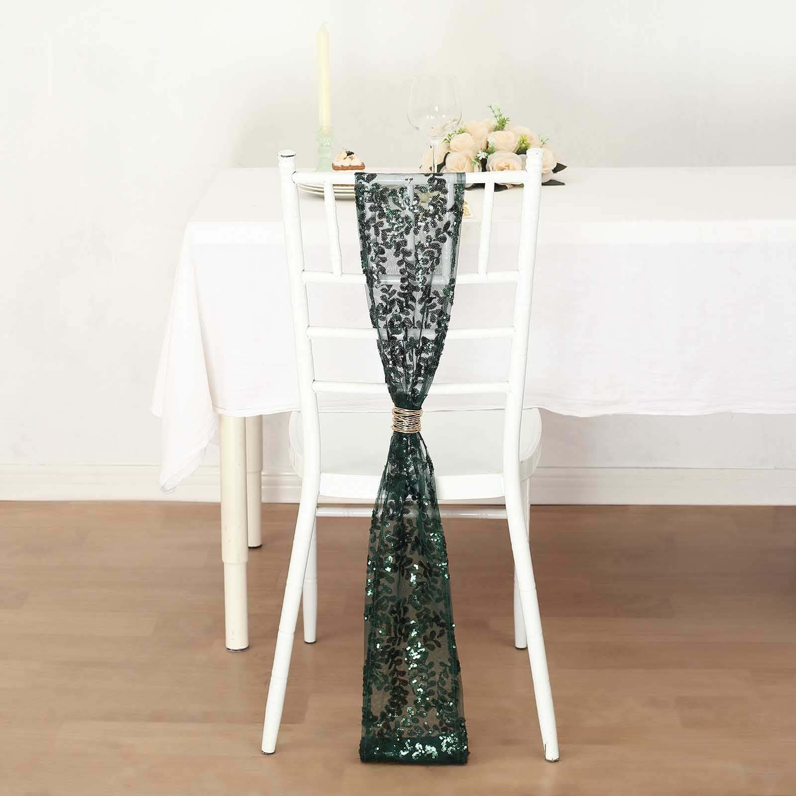 5 Pack Tulle Chair Sashes with Leaf Vine Embroidered Sequins Hunter Emerald Green 6"x88" - Bell Racket Store