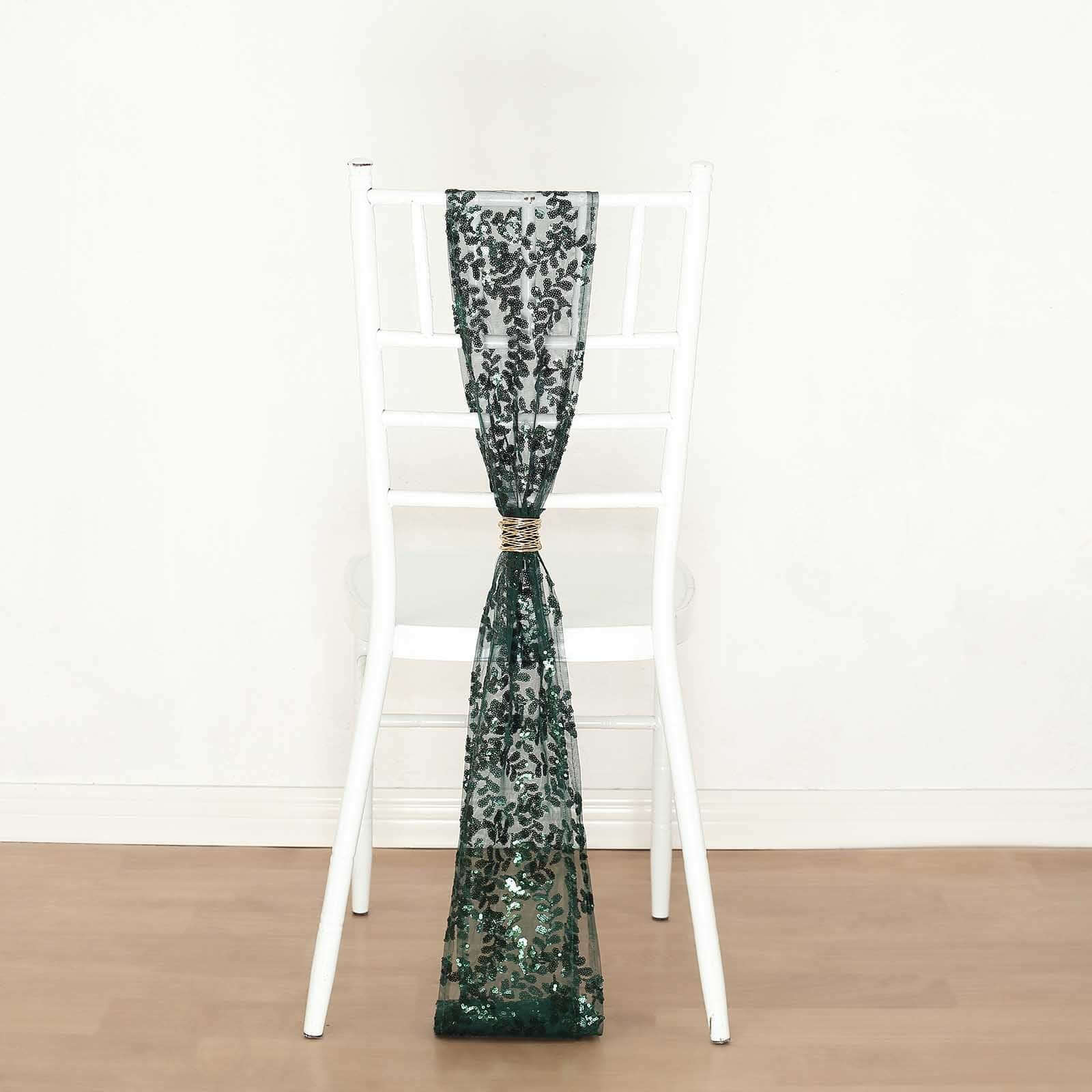 5 Pack Tulle Chair Sashes with Leaf Vine Embroidered Sequins Hunter Emerald Green 6"x88" - Bell Racket Store
