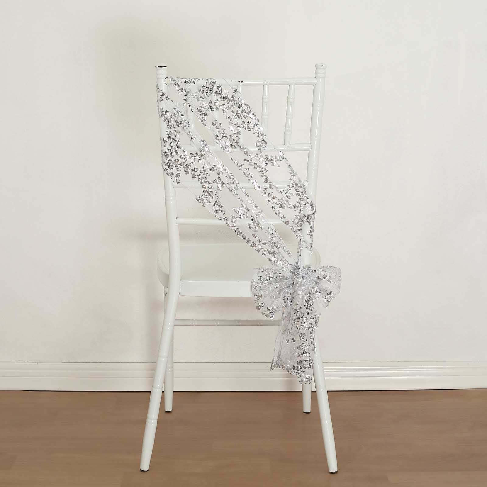 5 Pack Tulle Chair Sashes with Leaf Vine Embroidered Sequins Silver 6"x88" - Bell Racket Store