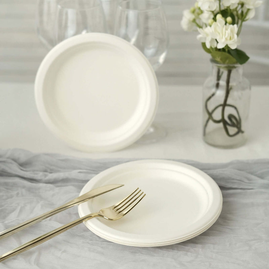 50 - Pack Bagasse 7" Round Dessert Plates in White - Biodegradable Disposable Sugarcane Appetizer Salad Plates for Outdoor Celebrations & Picnics - Bell Racket Store