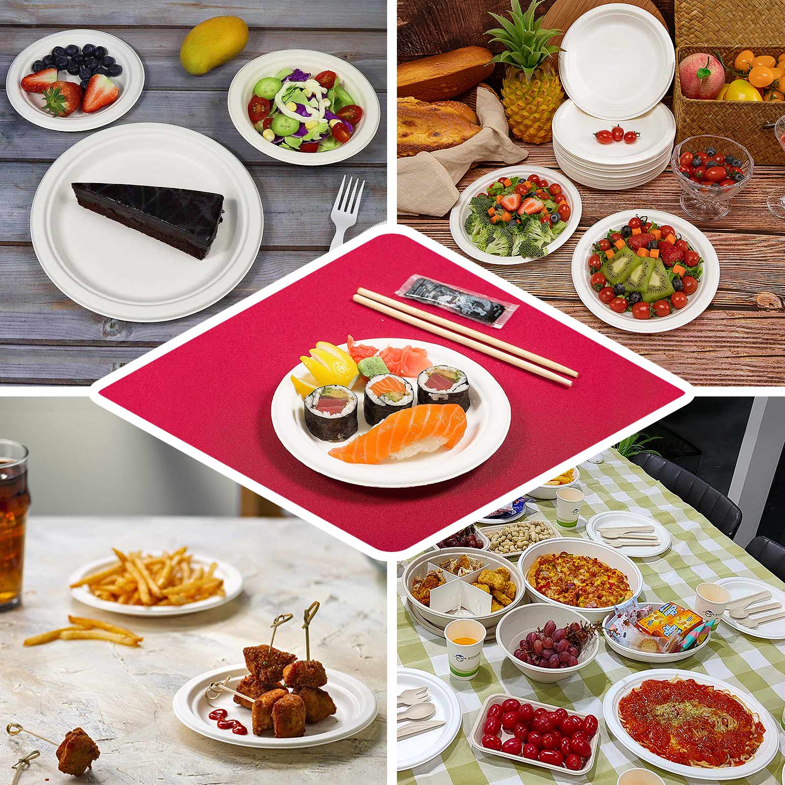 50 - Pack Bagasse 9" Round Dinner Plates in White Biodegradable - Biodegradable Disposable Sugarcane Party Plates for Outdoor Celebrations & Picnics - Bell Racket Store