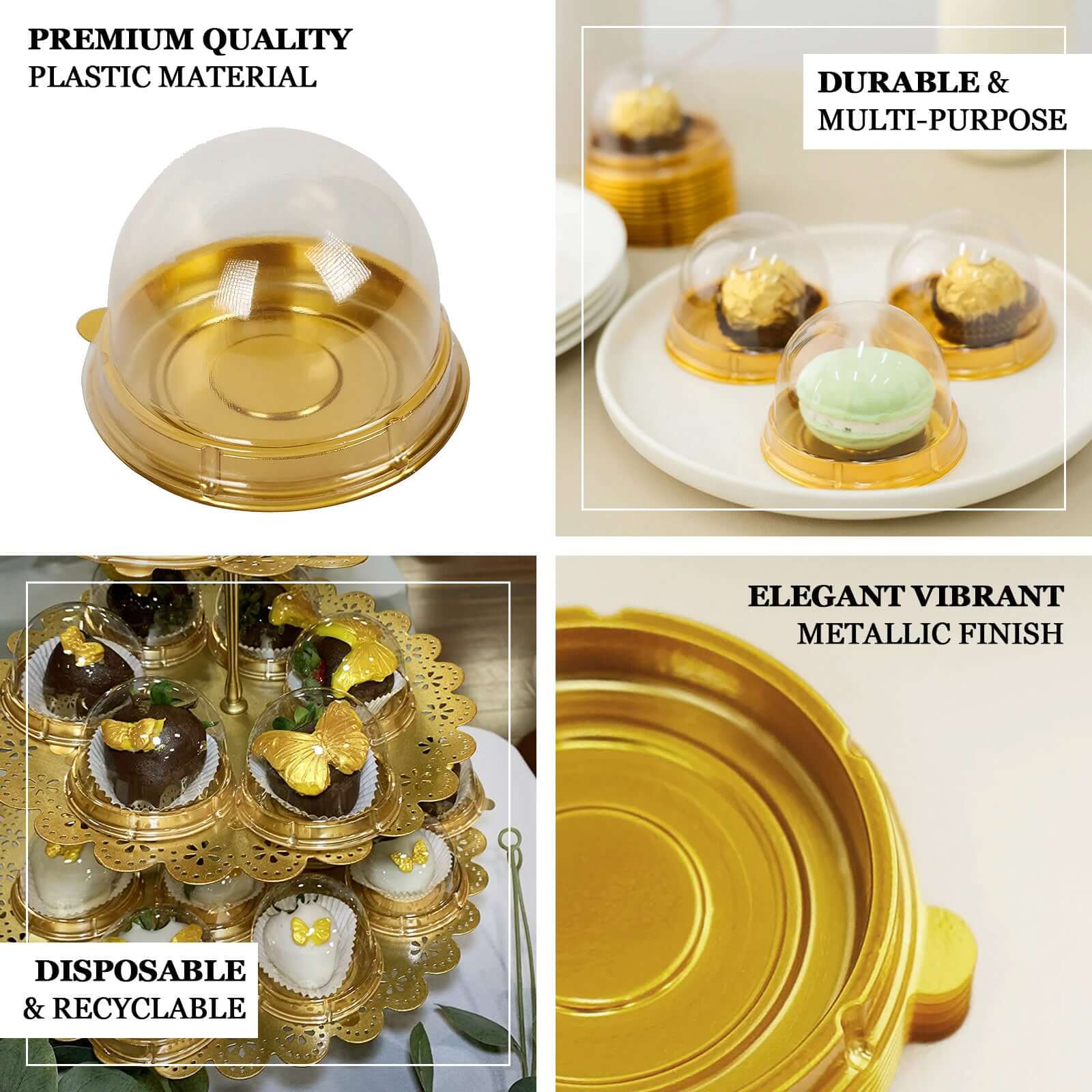 50 - Pack Favor Containers Round Dome Design Gold and Clear - Plastic Party Boxes for Cupcakes and Sweets 3" - Bell Racket Store