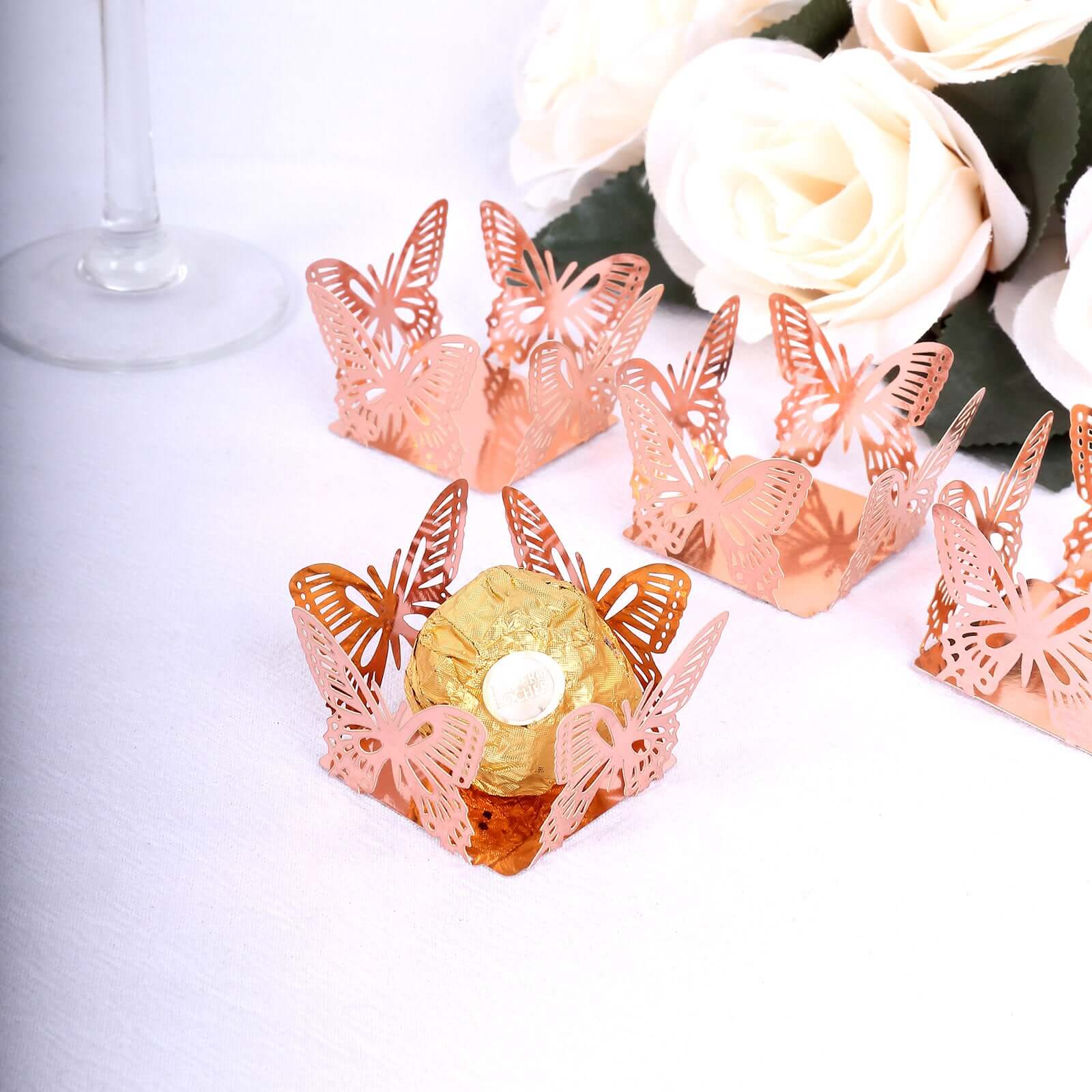 50 - Pack Mini Paper Truffle Cup Liners Butterfly Square Design Metallic Rose Gold - 225GSM Cupcake Tray Wrappers 4" - Bell Racket Store