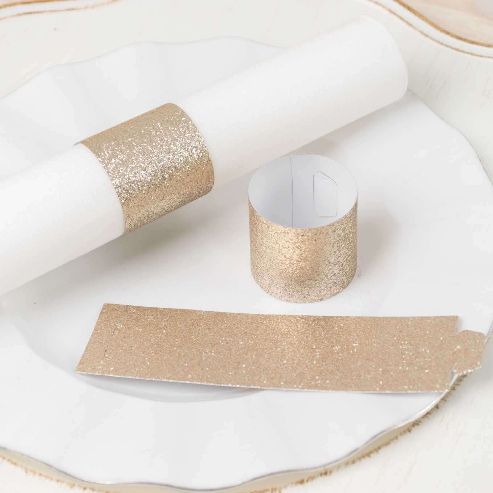 50 - Pack Paper Napkin Rings Beige Glitter - Stylish Disposable Napkin Holders 1.5" - Bell Racket Store