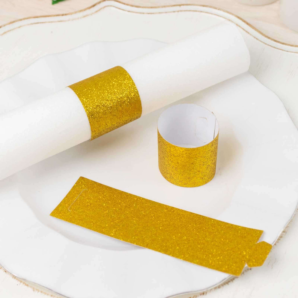50 - Pack Paper Napkin Rings Gold Glitter - Stylish Disposable Napkin Holders 1.5" - Bell Racket Store
