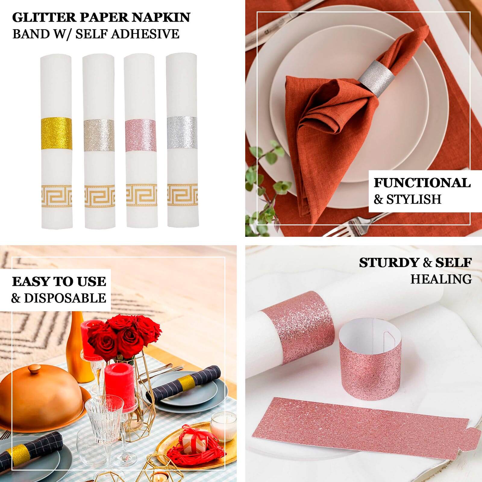 50 - Pack Paper Napkin Rings Rose Gold Glitter - Stylish Disposable Napkin Holders 1.5" - Bell Racket Store