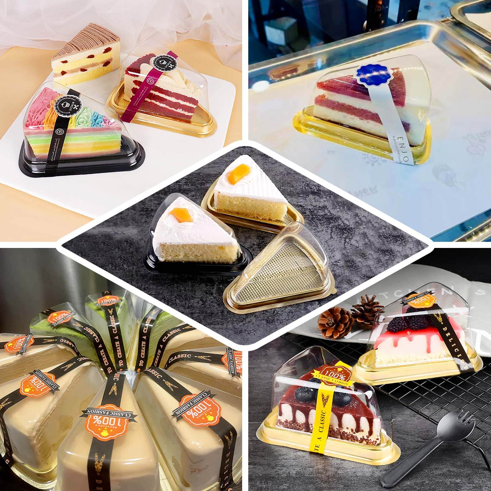 50 - Pack Plastic Cake Slice Favor Containers Gold/Clear - Chic Individual Cheesecake Pie Party Favor Boxes with Lid for Events & Catering 6"x4.5"x2.5" - Bell Racket Store