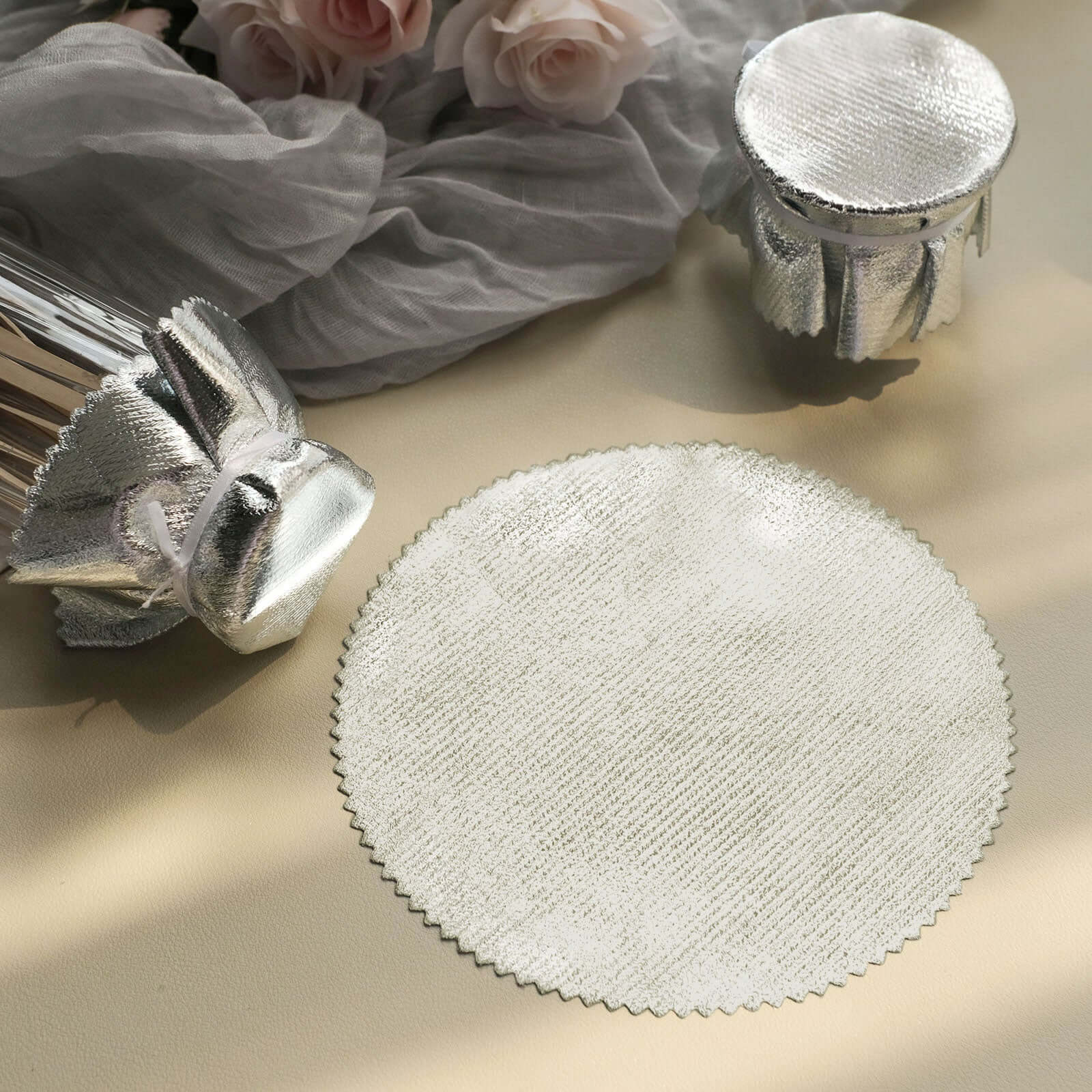 6 - Pack Jar Covers Metallic Silver Round Lame Fabric Design with Satin Tie String - DIY Party Favors & Craft Supplies 6" - Bell Racket Store