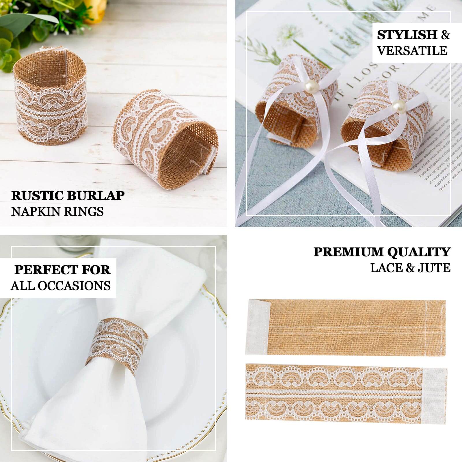 6 Pack Rustic Boho Chic Burlap and Lace Napkin Rings, Farmhouse Style Jute Serviette Buckles Holder - Bell Racket Store