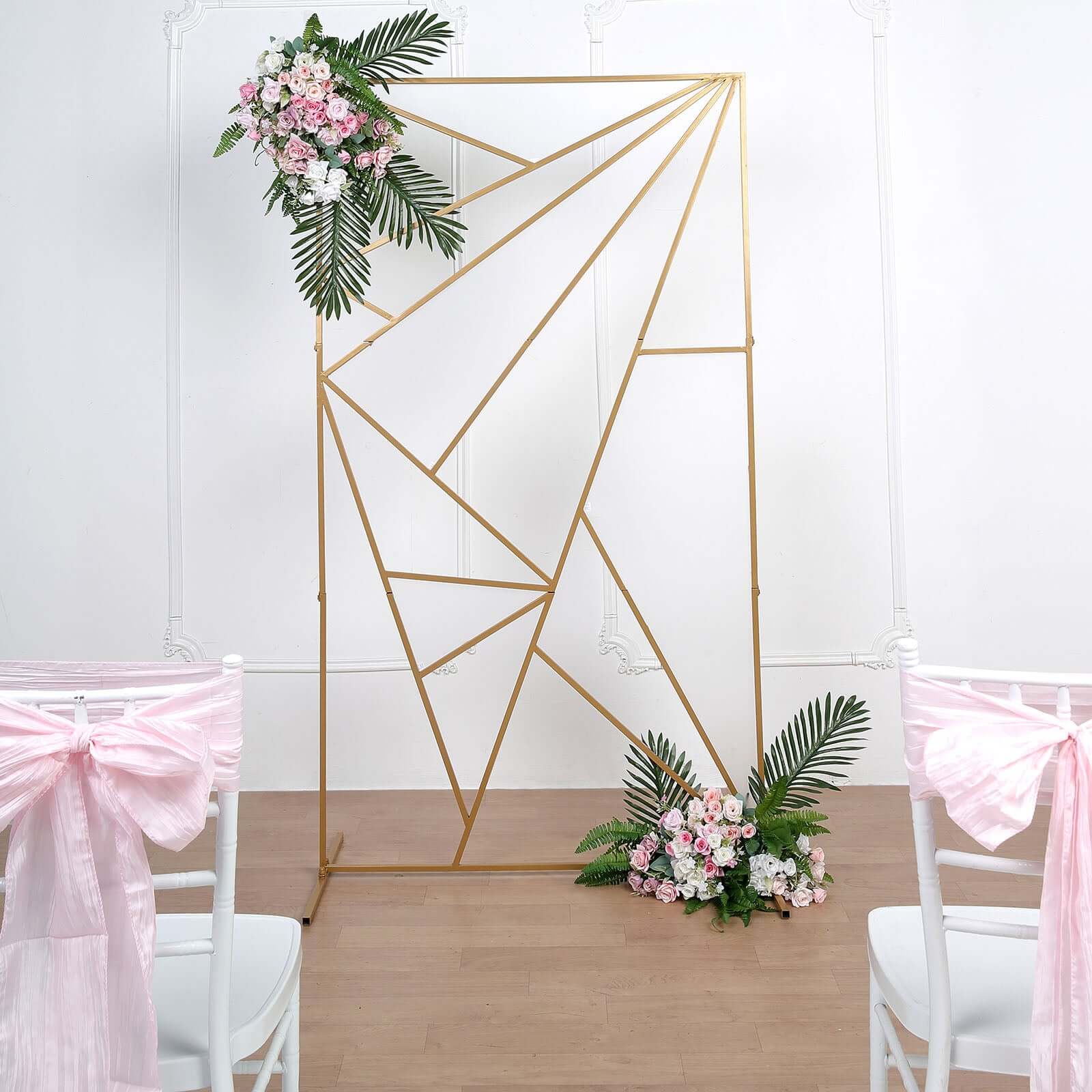 6ft Tall Gold Metal Rectangular Geometric Flower Frame Prop Stand, Wedding Backdrop Floor Stand With Cloudy Film Insert - Bell Racket Store
