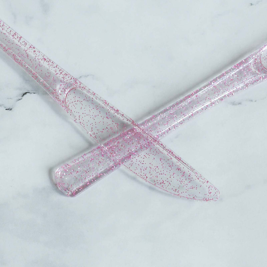 25-Pack Plastic Knives Transparent Blush Glitter Classic Heavy Duty - Decorative Disposable Cutlery 7"