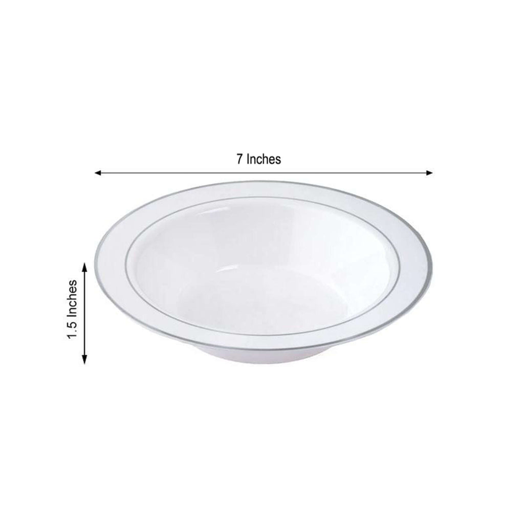 10-Pack Plastic Soup Bowls White with Silver Rim - Stylish Disposable Bowls for Parties 12oz