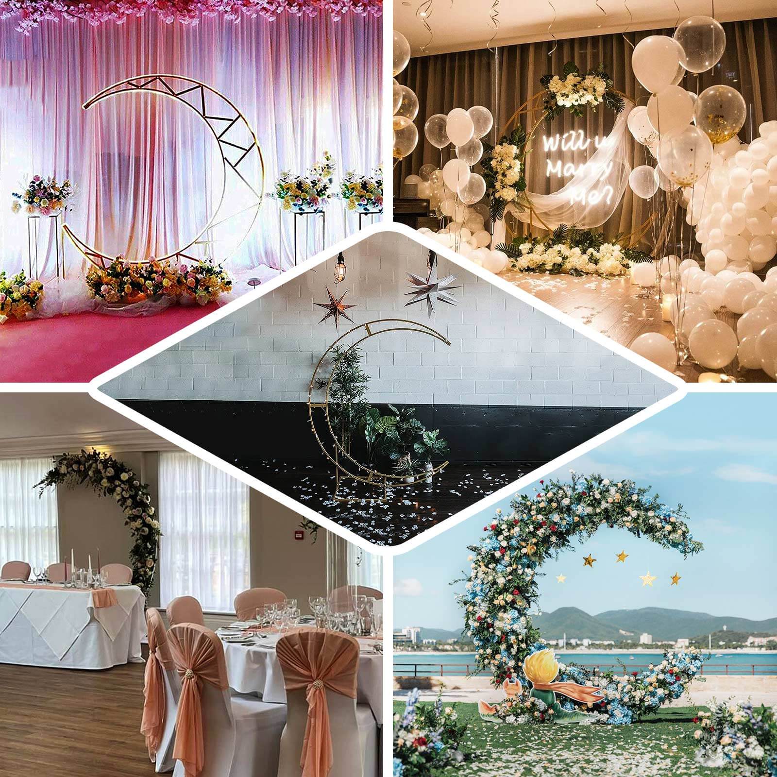 7.5ft Gold Metal Half Crescent Moon Wedding Arbor Frame, Curved Design Arch Flower Balloon Stand - Bell Racket Store