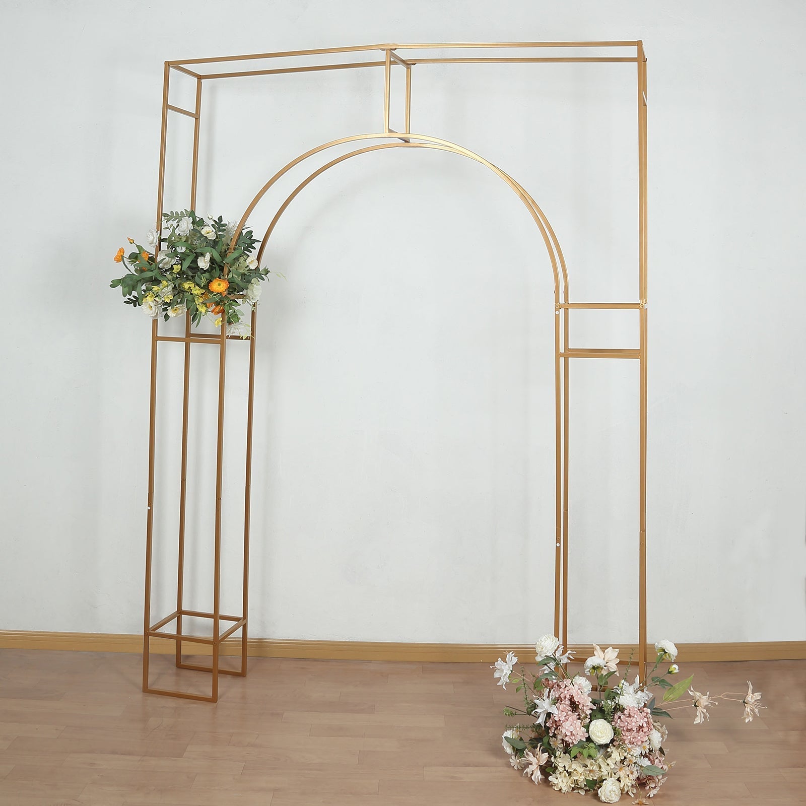 7ft Wedding Arch Rectangular Backdrop Stand â€“ Arc de Triomphe Style 3D Heavy Duty Gold Metal Frame for Balloon & Floral Display - Bell Racket Store