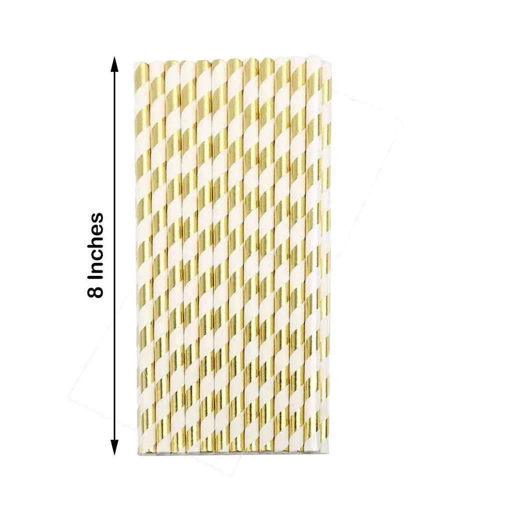 25-Pack Paper Straws White/Gold Striped - Stylish Disposable Straws for Drinks 8"