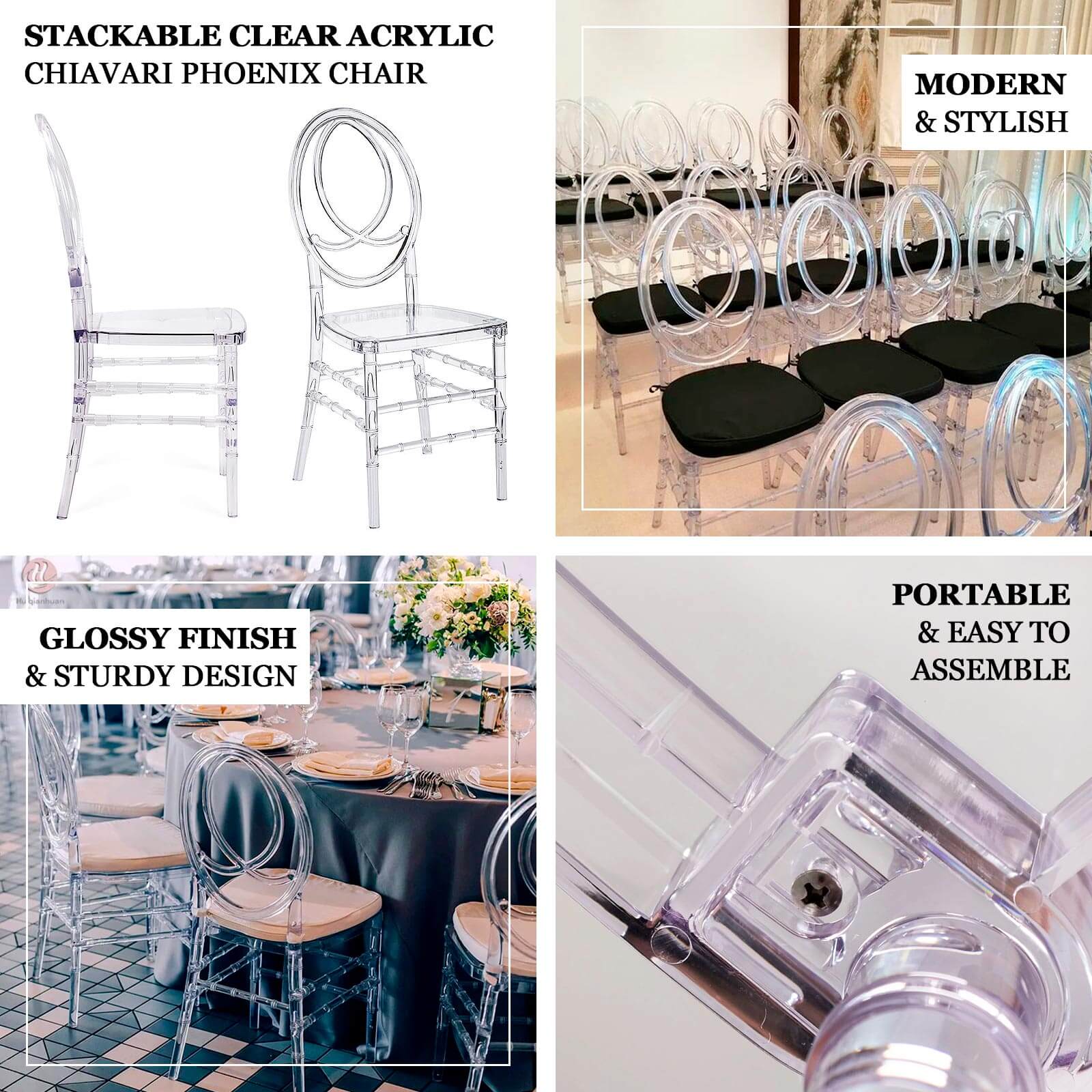 8 - Pack Acrylic Stackable Ghost Chairs in Phoenix Chiavari Style Transparent Resin with Oval Back Clear â€“ Sleek Armless Design for Weddings & Gatherings - Bell Racket Store