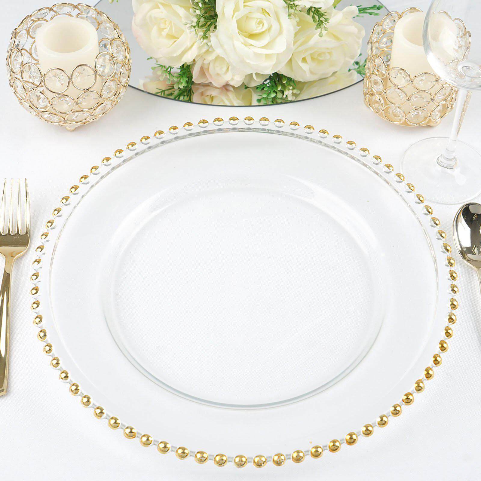 8-Pack Glass Round Charger Plates 12" Clear with Gold Beaded Rim, Event Tabletop Decorative Dinner Charger Tableware