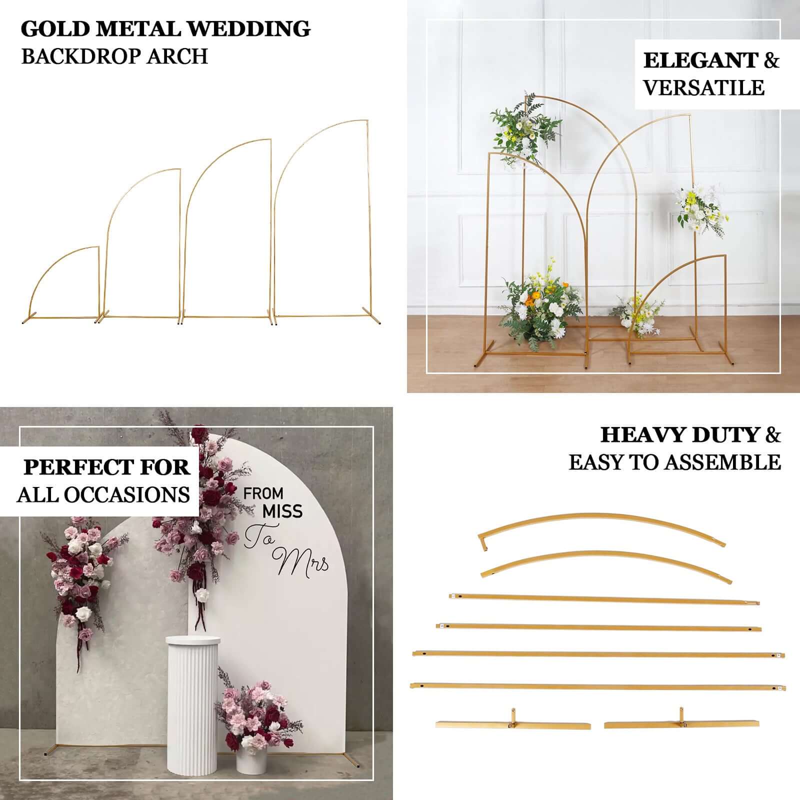 8ft Gold Metal Half Moon Floral Frame Wedding Arbor Stand, Chiara Backdrop Display Arch - Bell Racket Store